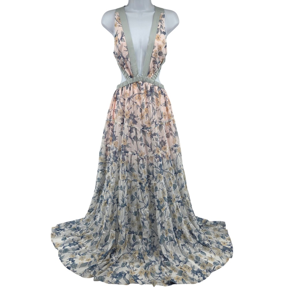 Hello Molly Forward Fashion Maxi Dress S Floral Cutout Criss Cross Back Boho - Picture 3 of 12